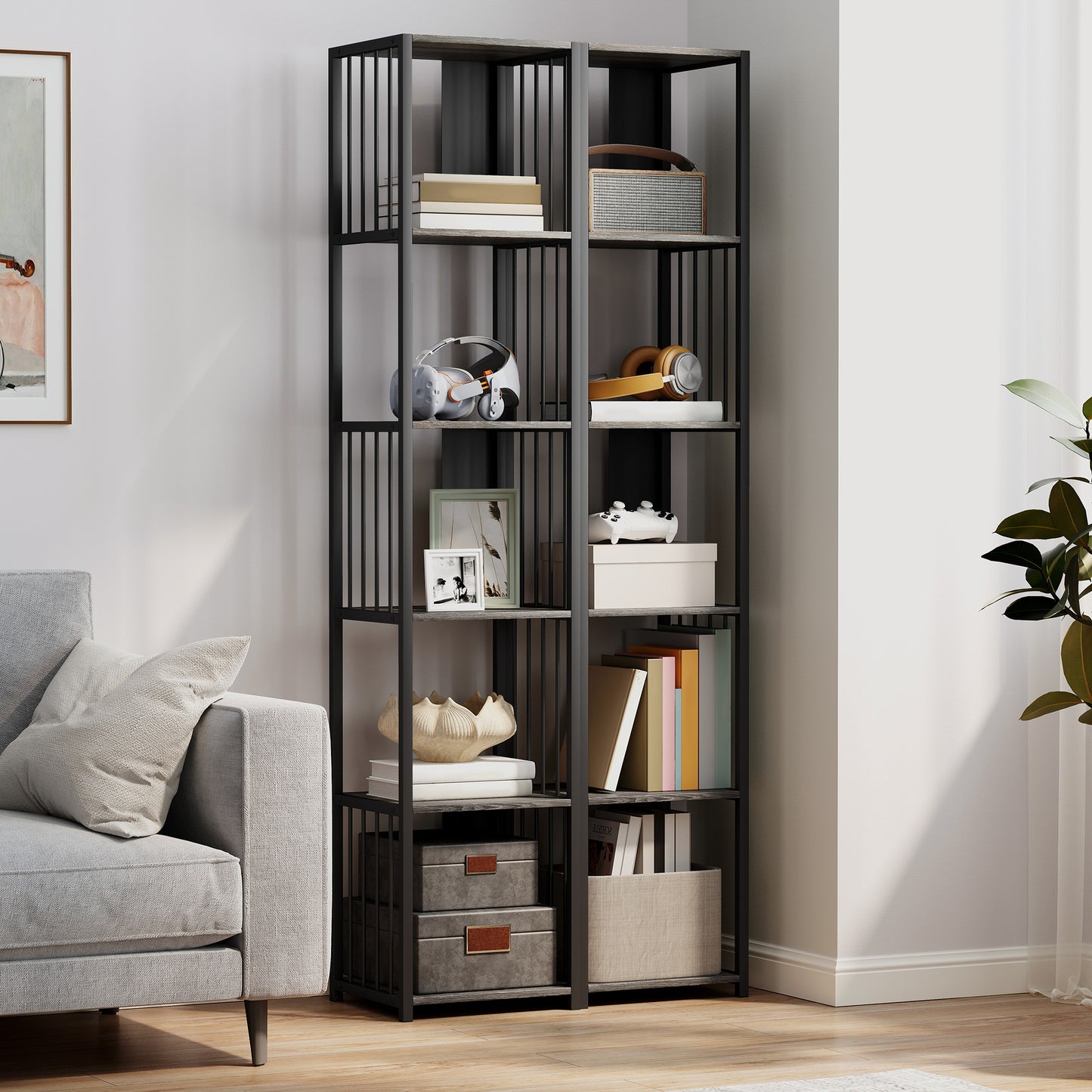 5-Tier Bookshelf with Steel Frame - Grey