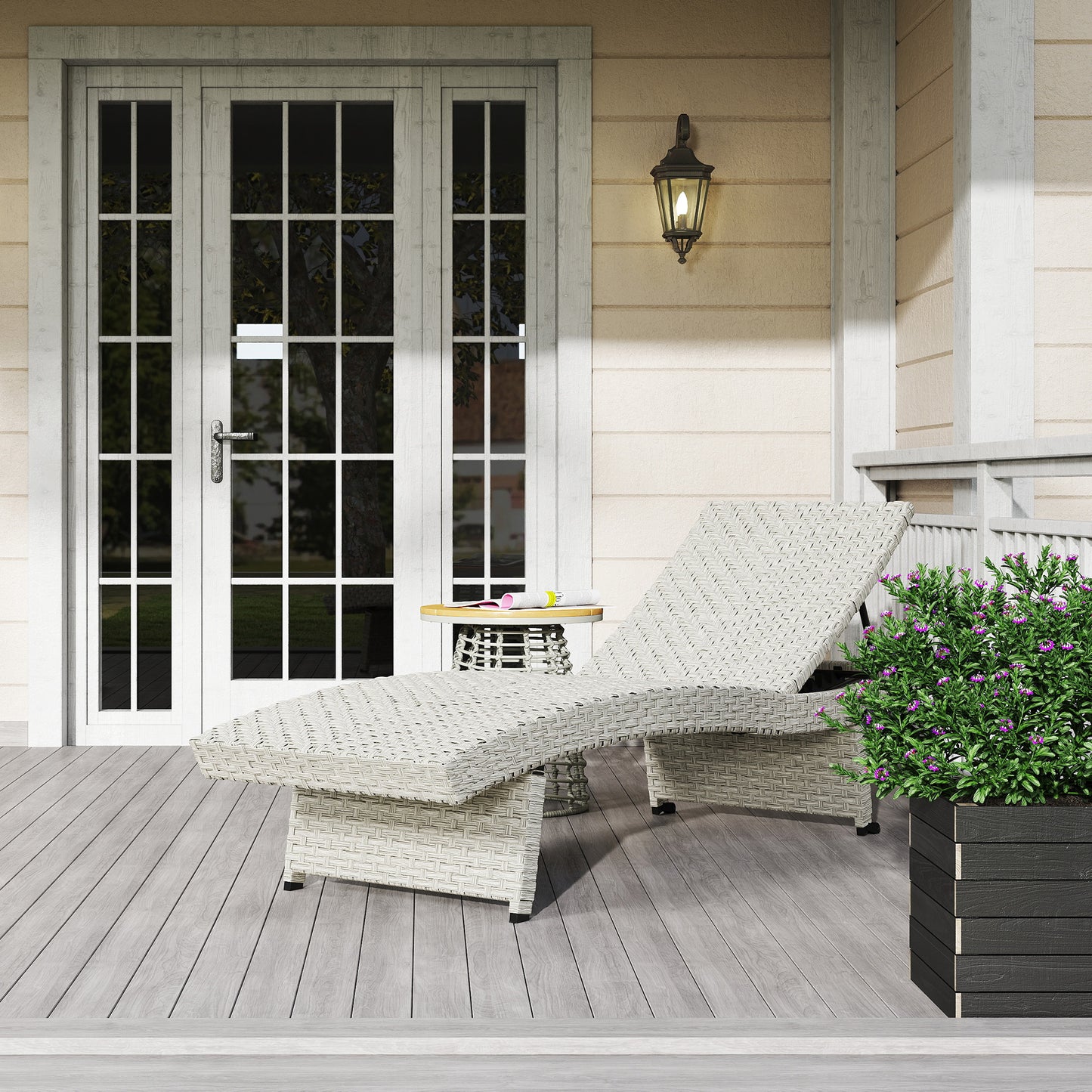 Outdoor PE Rattan Sun Lounger, Folding Wicker Garden Lounger Recliner with 4-Level Adjustable Backrest, Rolling Sunbed Lounge Chair with Wheels