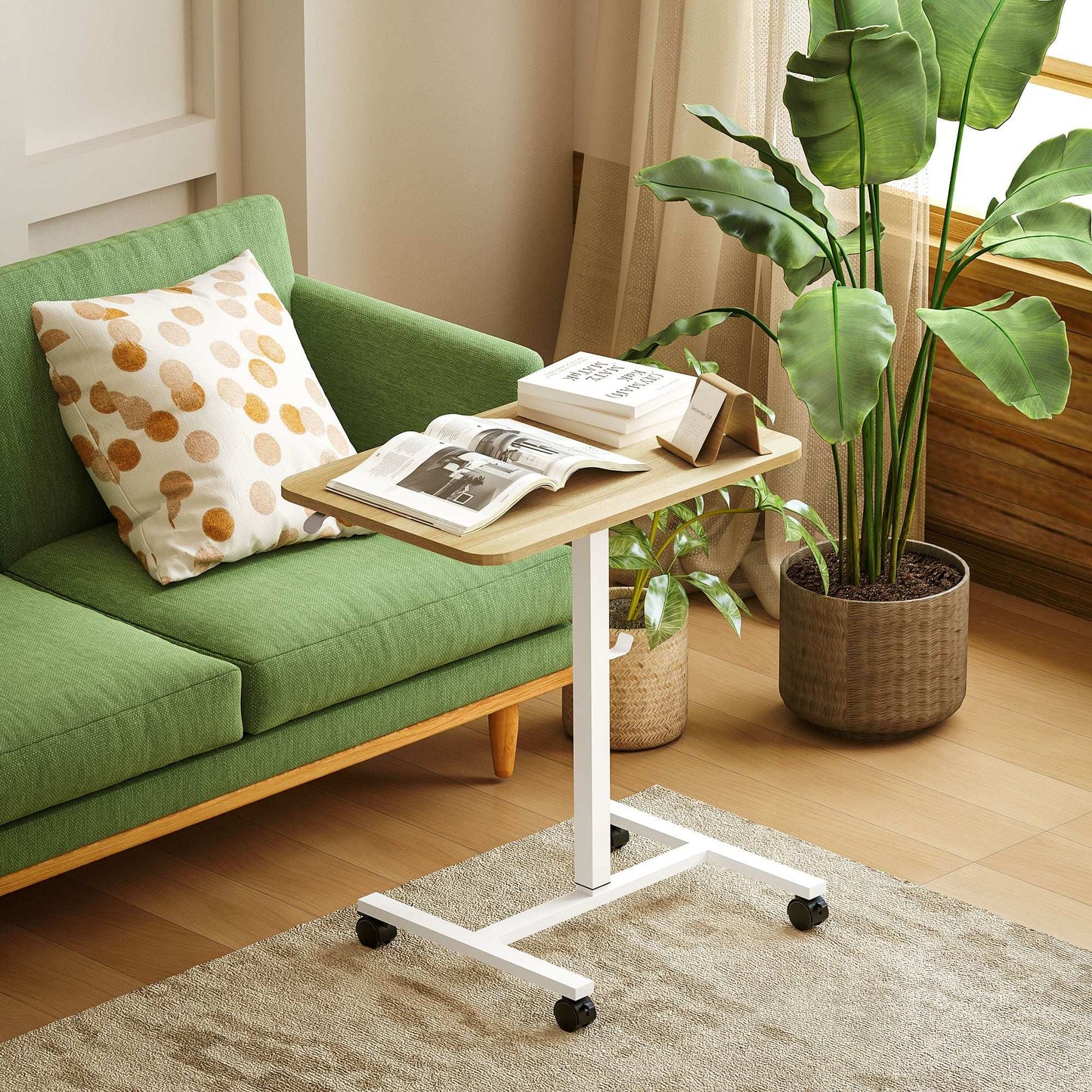 Height Adjustable Standing Desk, Pneumatic Sit Stand Desk for Laptop, Mobile Overbed Table W/ Wheels And Headphone Hook for Home Office
