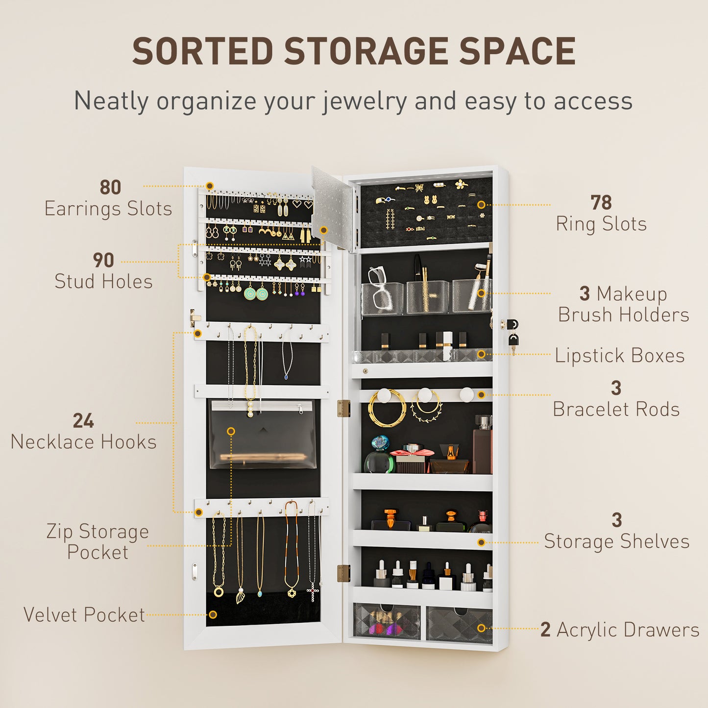 108 x 37cm Lockable Jewellery Cabinet, with LED Lights - White Surface and Black Lining
