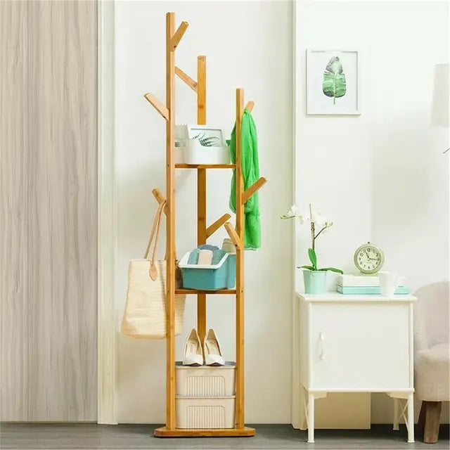 Bamboo Coat Rack Tree Clothes Hanger Storage Organiser 9 Hooks 3-Layer Shelf Stand Hallway Living Room Furniture For Hat, Scarves, Handbags, Umbrella