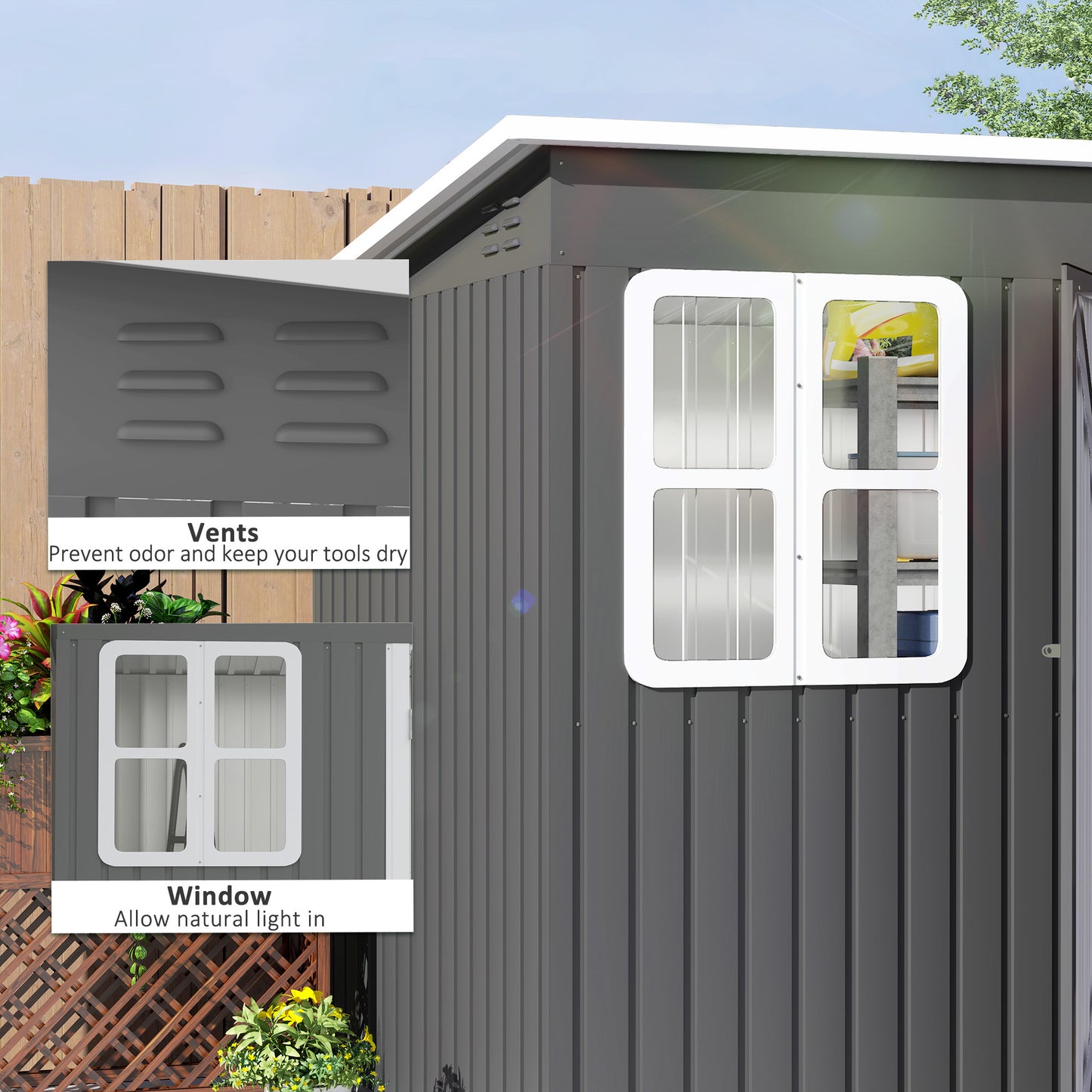 8.5 x 6ft Storage Shed Galvanised Steel Garden Shed, Metal Shed with Foundation Kit, Window, Lockable Wide Doors and Air Vents, Dark Grey