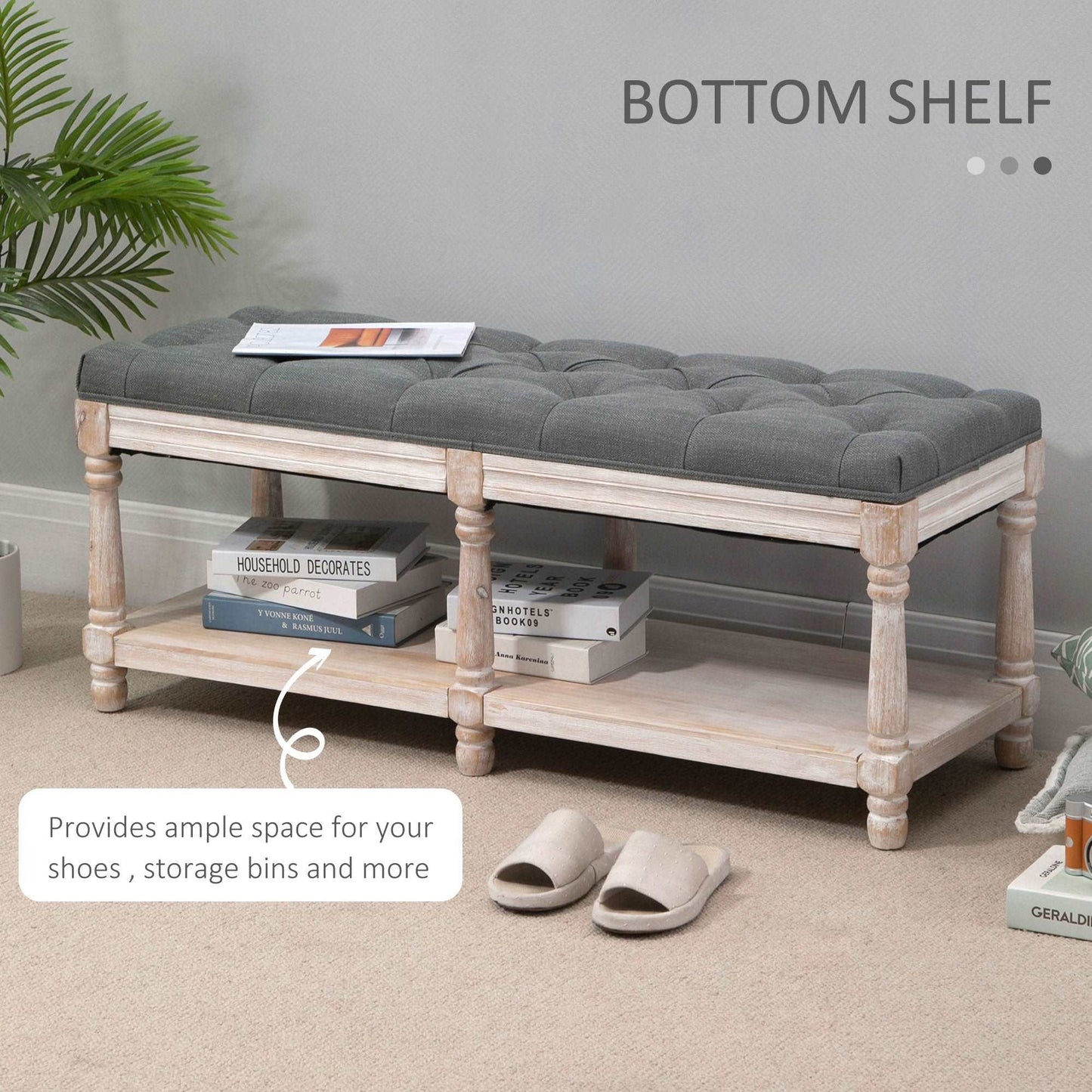 2 Tier Shoe Rack Bench with Button Tufted Upholstered Cushion, Vintage Bed End Bench, Wooden Window Seat for Hallway, Living Room, Bedroom-Grey