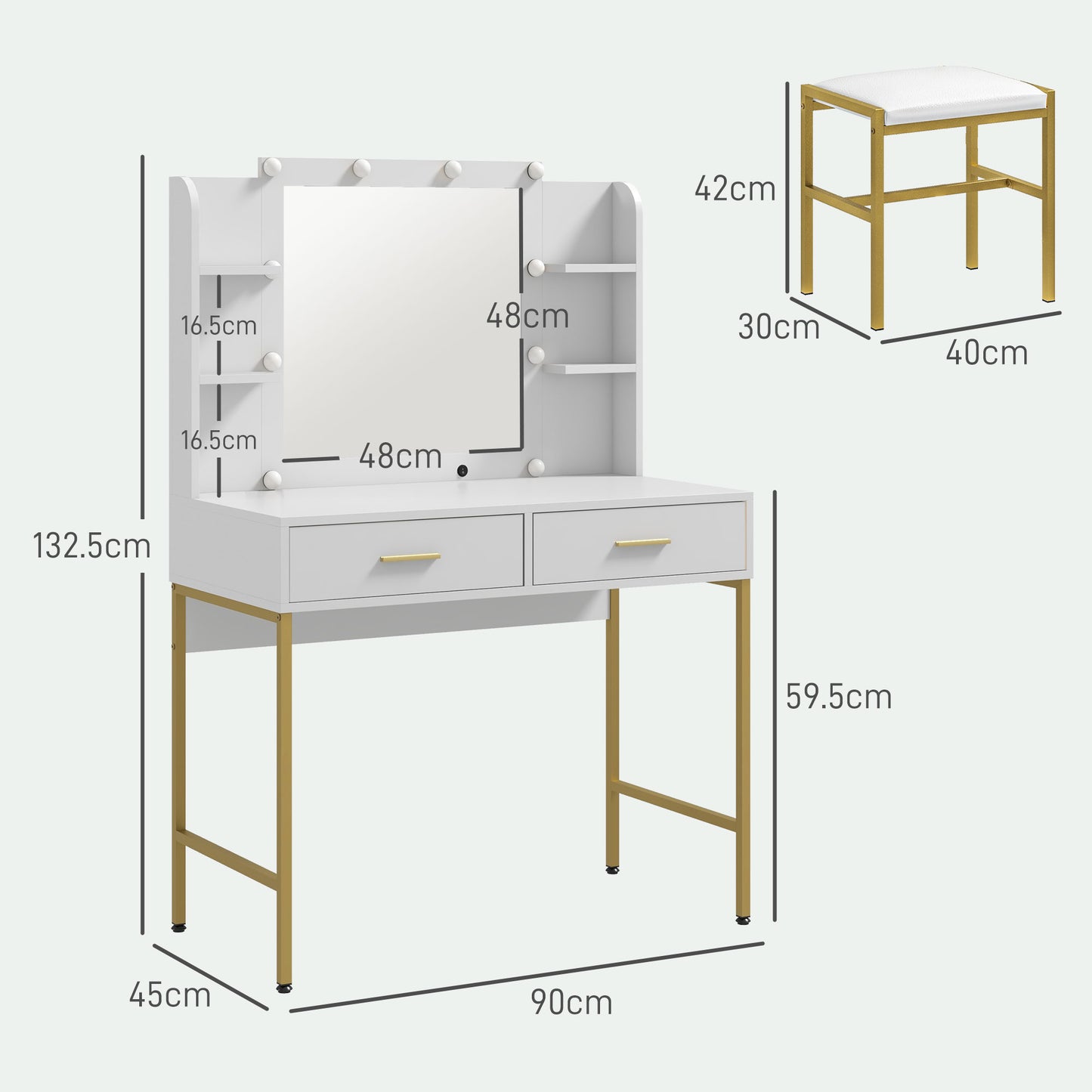 Dressing Table with Lighted Mirror, Cushioned Stool, Drawers, Shelves, Makeup Vanity Desk Set, Modern Dresser Vanity Table for Bedroom, White