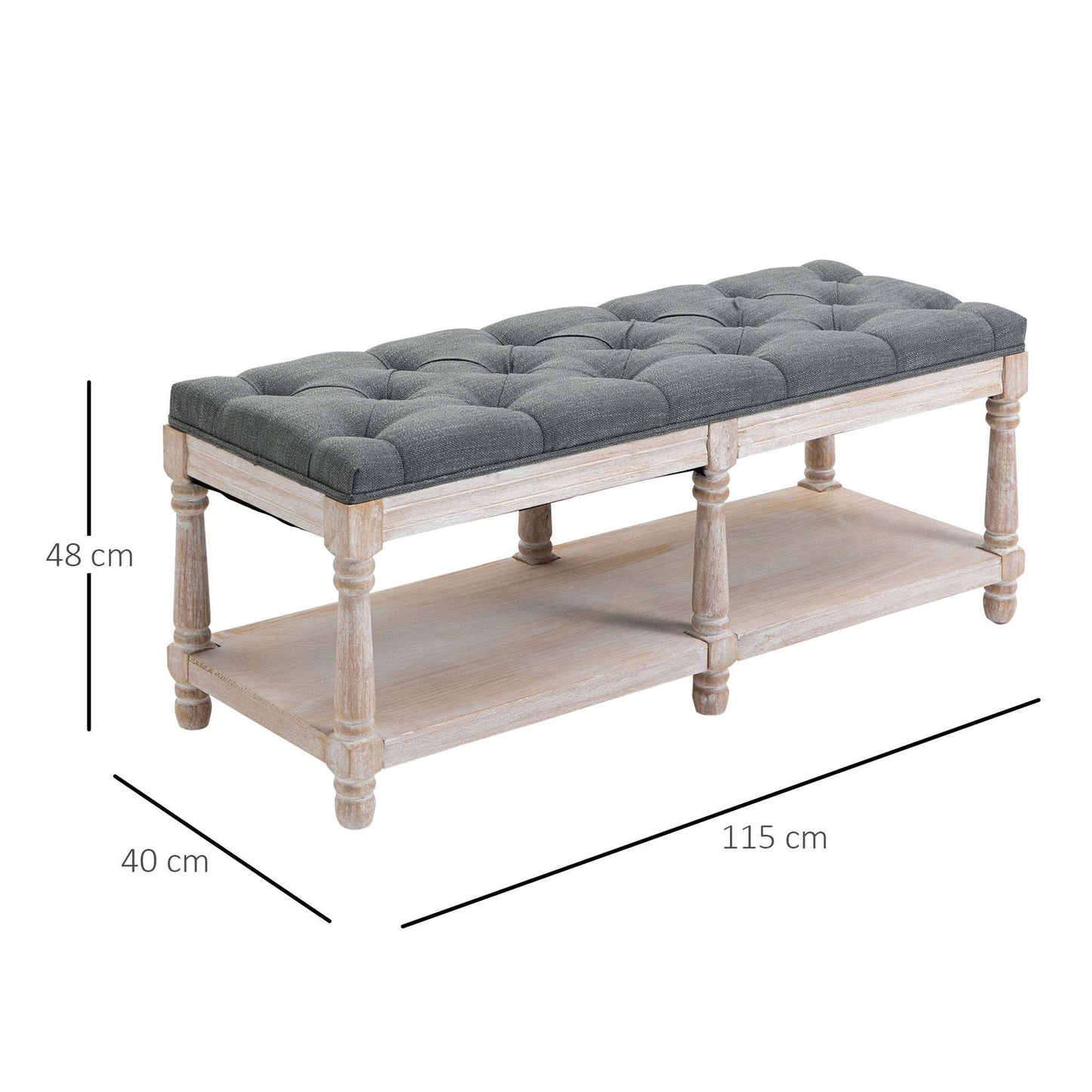 2 Tier Shoe Rack Bench with Button Tufted Upholstered Cushion, Vintage Bed End Bench, Wooden Window Seat for Hallway, Living Room, Bedroom-Grey
