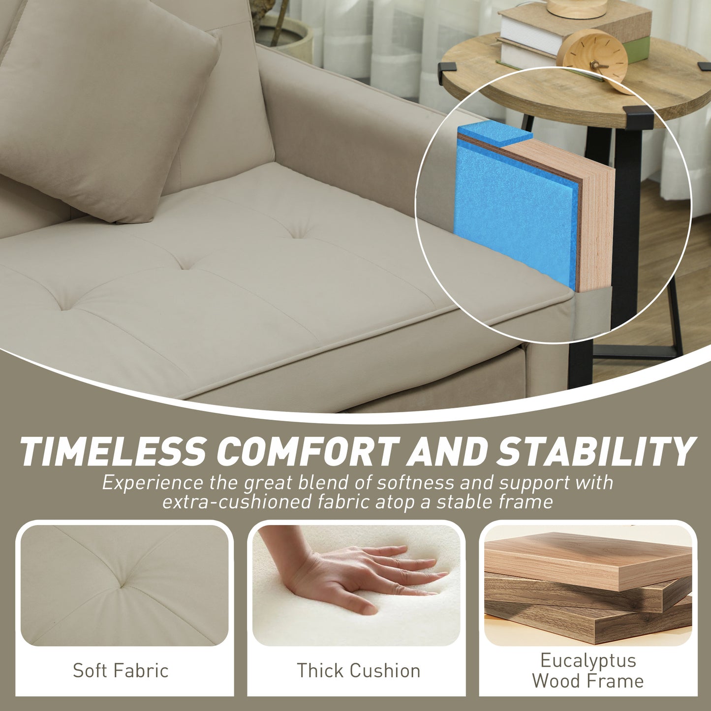 Three-Person Velvet-Feel Sofa Bed - Beige