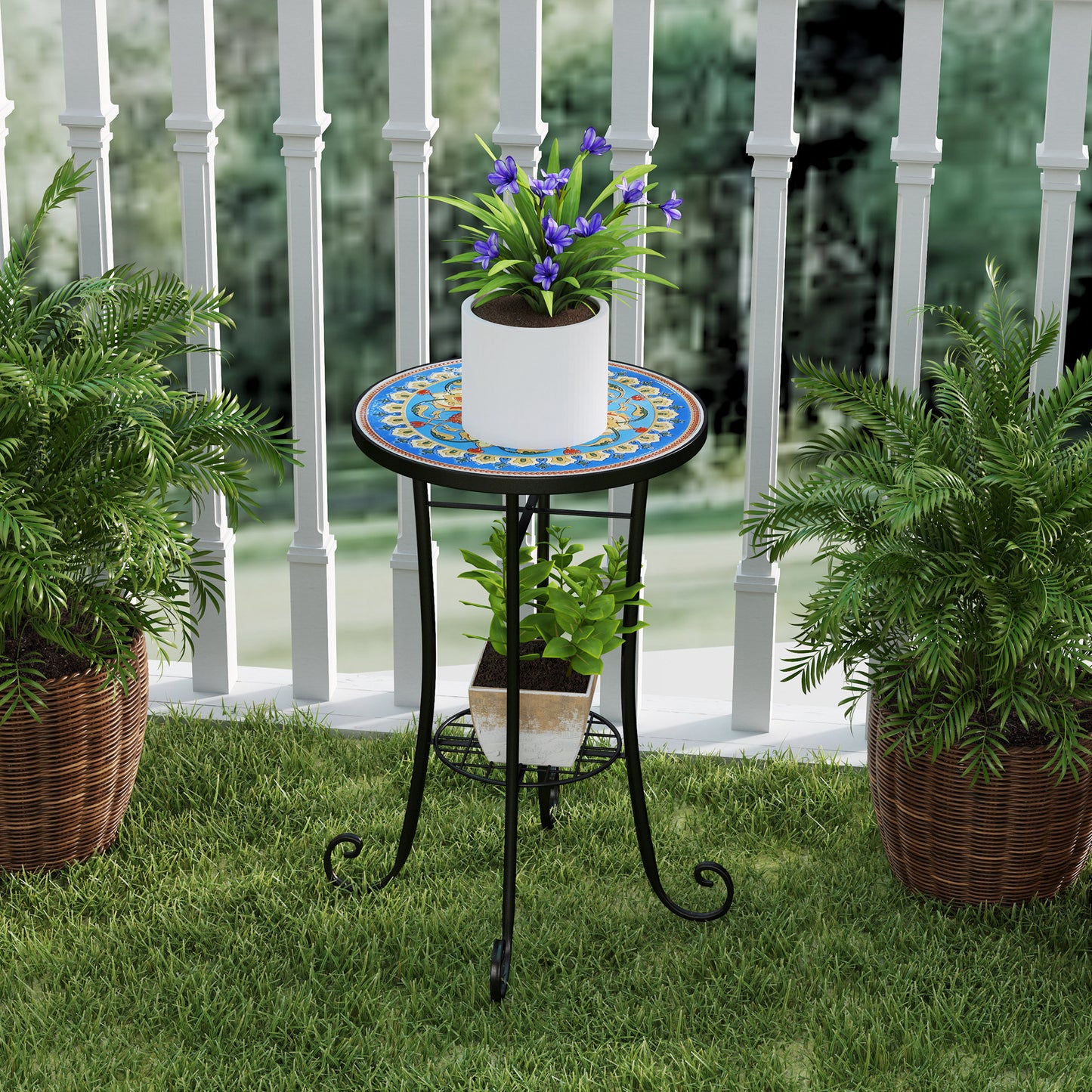 Round Mosaic Garden Bistro Side Table | Dia 35.5x54.5cm | Ceramic Tile Top | Lower Shelf | Electrophoretic Metal Frame | 30kg | Blue