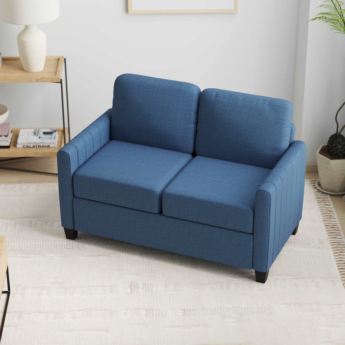 2 Seater Sofa, Channel Tufted Modern Fabric Couch, Comfy Upholstered Loveseat with Spring Cushion, Back Pillow, for Living Room - Blue