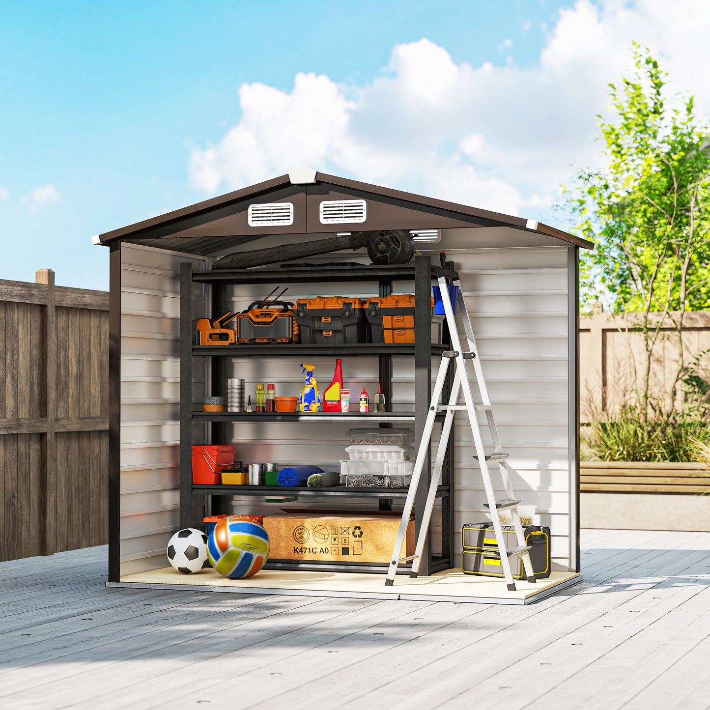7 x 4ft Garden Shed, Easy to Assemble, Upgraded Galvanised Steel Frame with Foundation Kit, Double Doors with Lock, Outdoor Metal Shed with Vents and Gloves, Garden Storage Shed, Natural