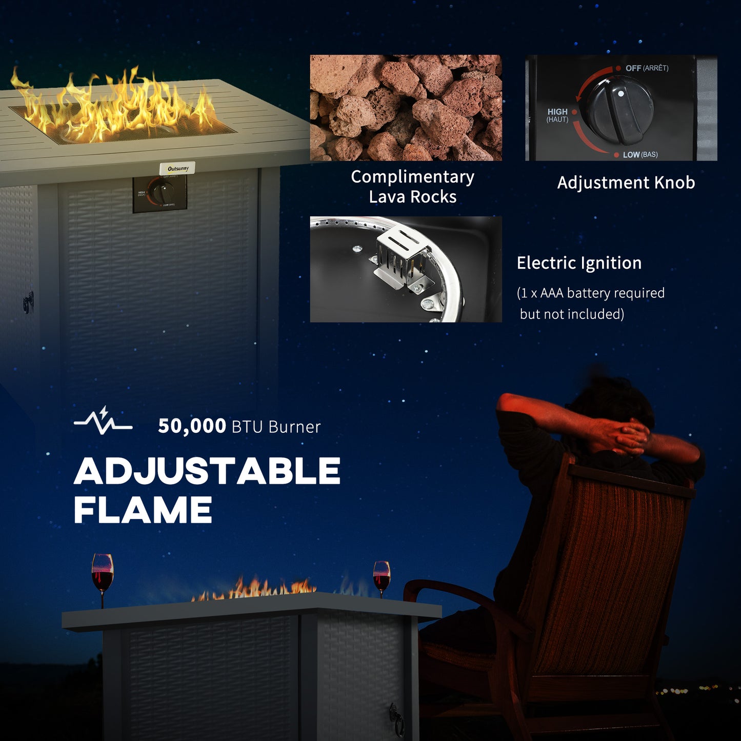 Rattan-style Propane Gas Fire Pit Table with 40,000 BTU Burner, Square Smokeless Firepit Patio Heater with Thermocouple, Lava Rocks, Grey