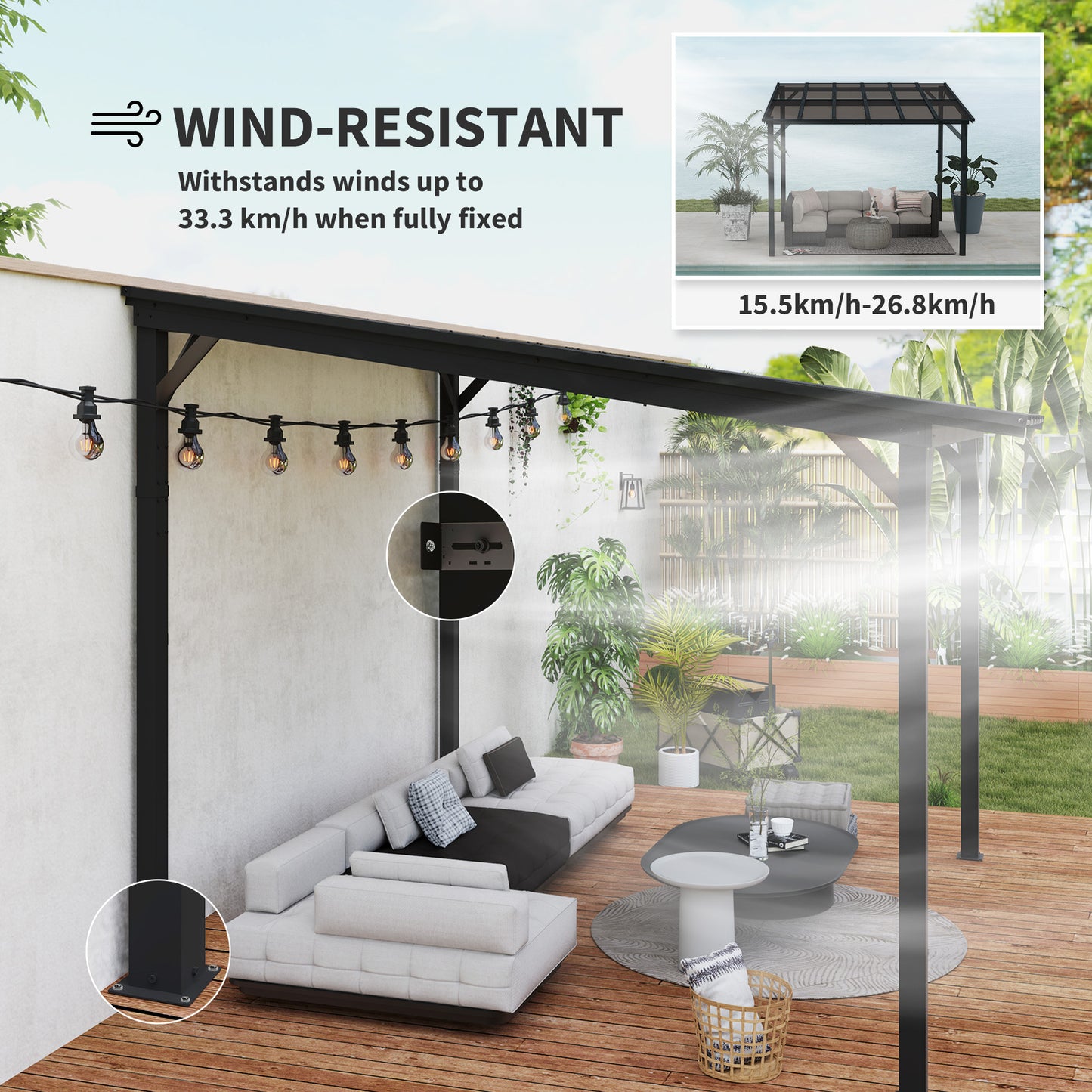 3 x 3(m) Metal Pergola with UPF 50+ and Waterproof Polycarbonate Roof, Wall-Mounted or Free Standing Garden Gazebo Outdoor Sun Shade
