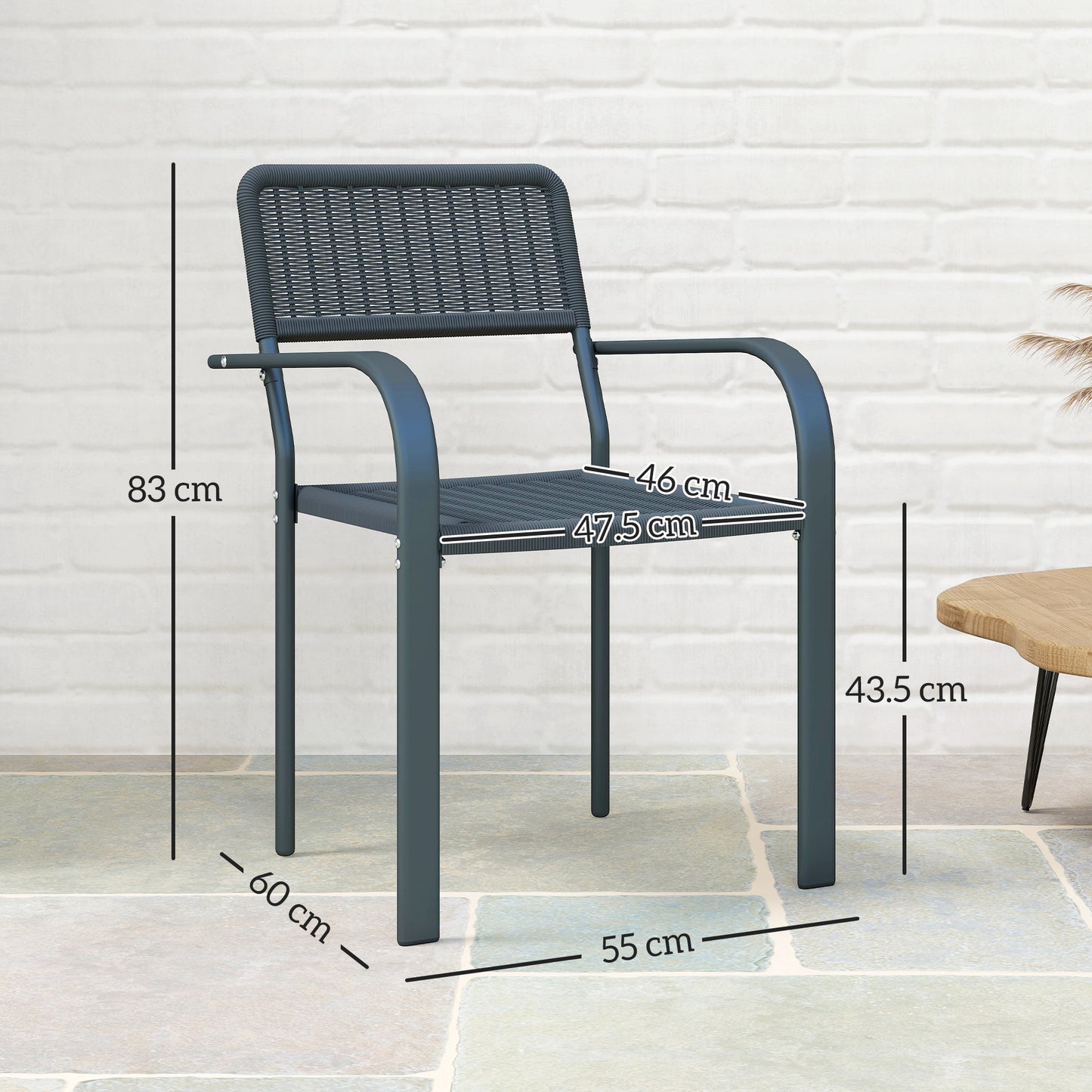 Garden Chairs Set of 4, Stackable Rattan Effect Dining Chairs with Armrest, Weather Resistant and Lightweight for Patio, Balcony, Terrace, Dark Grey