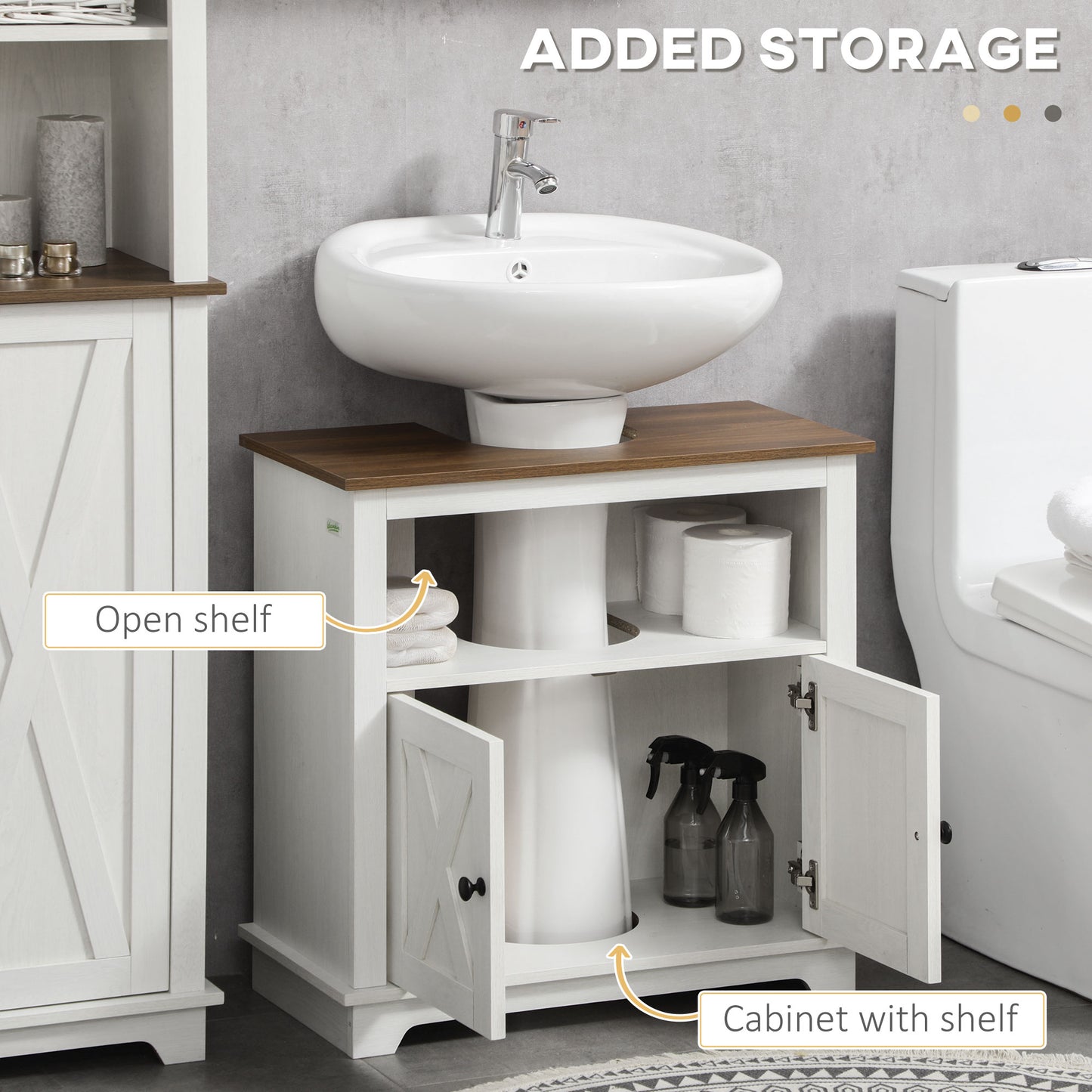 2 Piece Bathroom Furniture Set, Tall Bathroom Cabinet W/ Adjustable Shelves, Under Sink Cabinet W/ Cupboard and Open Shelf, Ash Effect