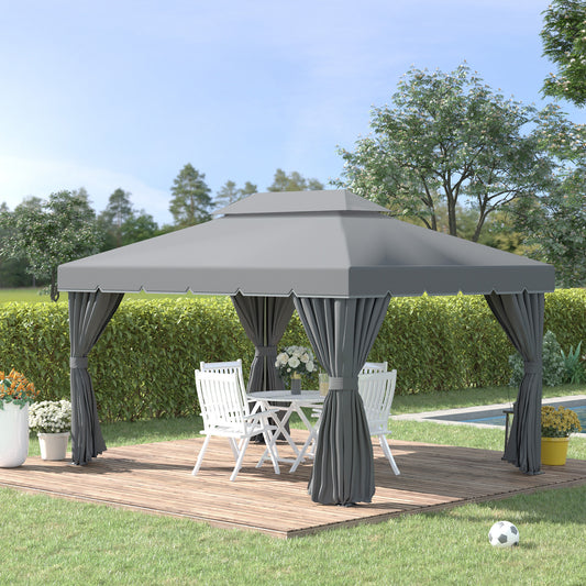 Outsunny 3 x 4m Aluminium Garden Gazebo, Marquee Canopy Shelter Pavilion Party Tent with Nets and Curtains for Garden and Deck, Dark Grey