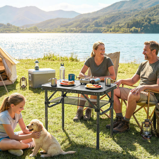 Folding Camping Table 2ft – 4 Adjustable Heights, Mesh Storage Layer, Aluminium Frame, Folds to 40x30x7cm, 30kg Capacity, Tool-Free Setup – Black