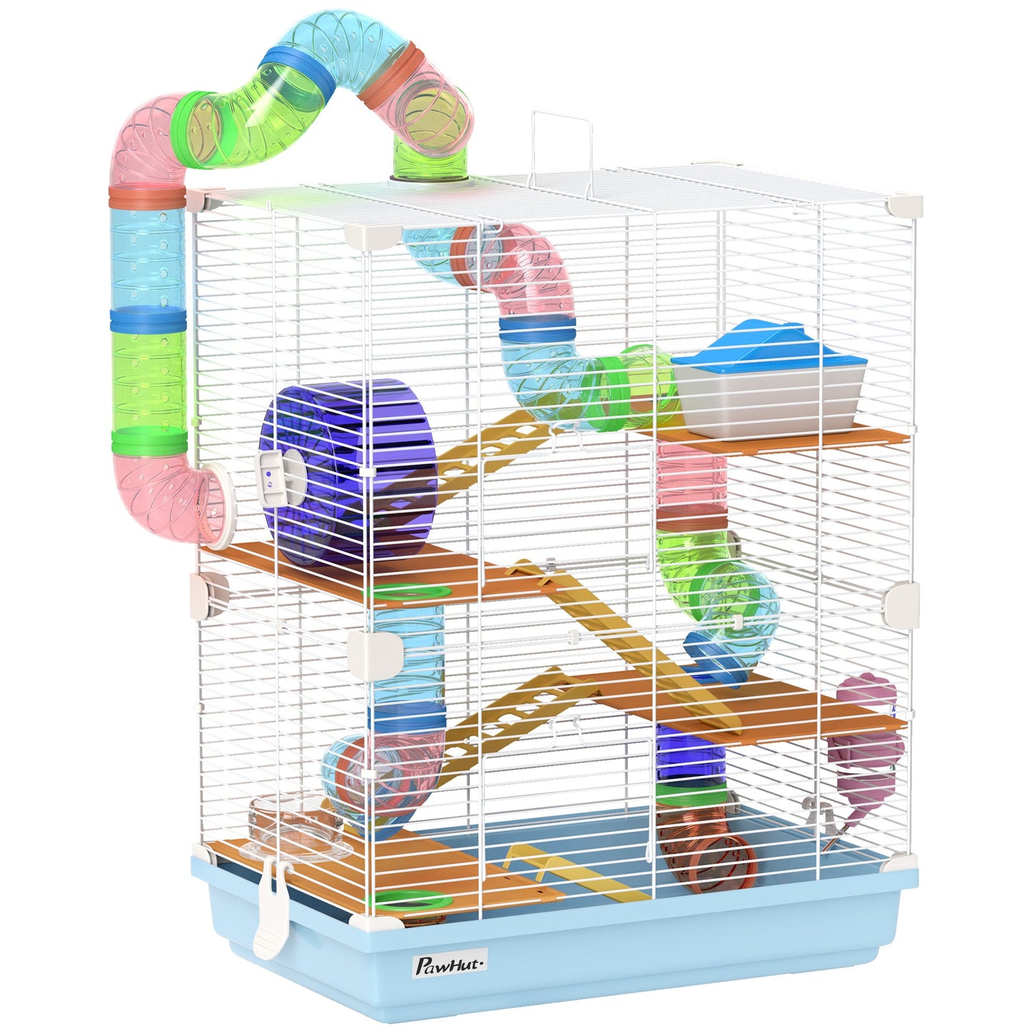 PawHut 5 Tier Hamster Cage Carrier Habitat With Exercise Wheels, Tunnel