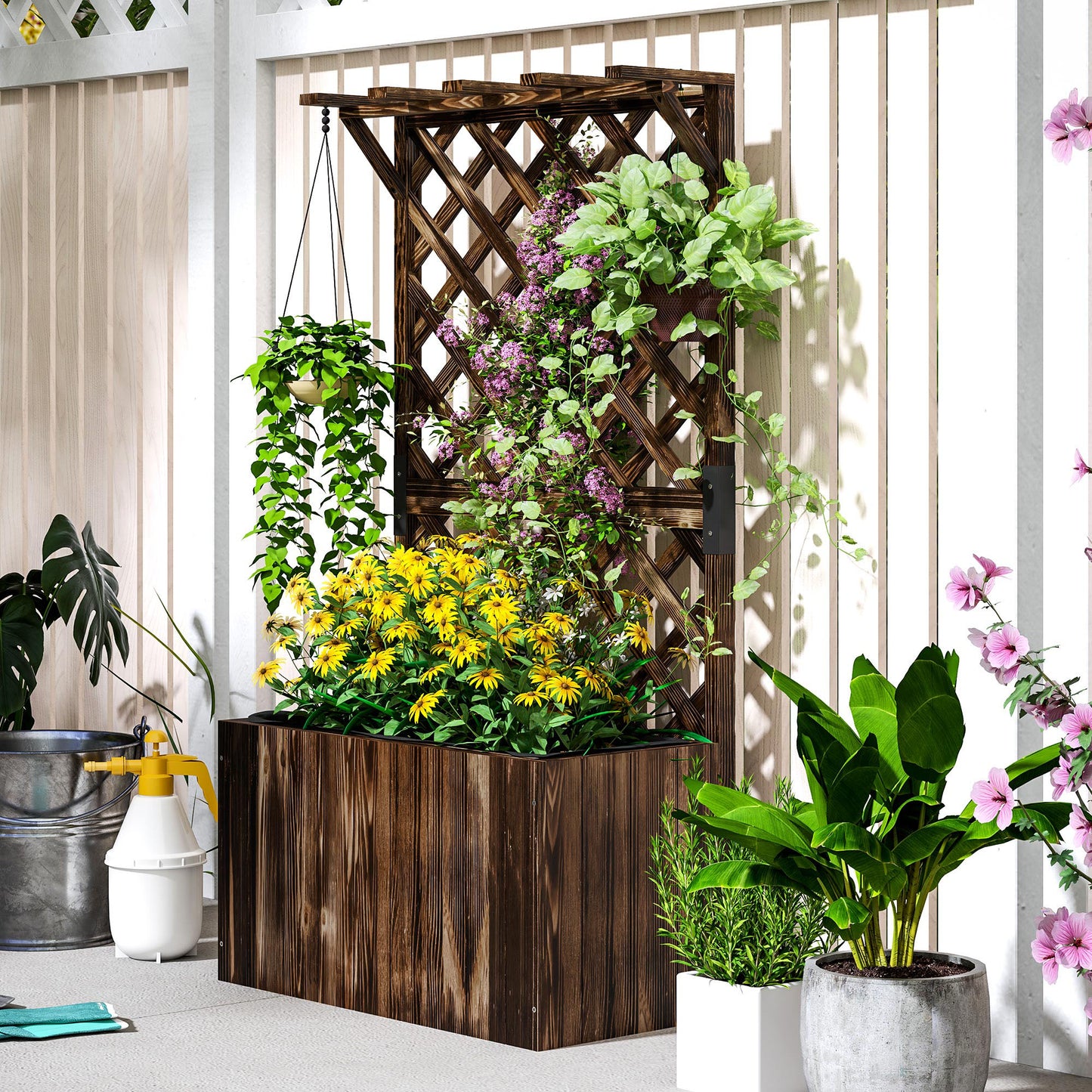 Wooden Planter with Trellis, Freestanding Raised Garden Bed with Drainage Holes, Outdoor Planter Box with Liner for Vegetables, Herbs and Flowers,