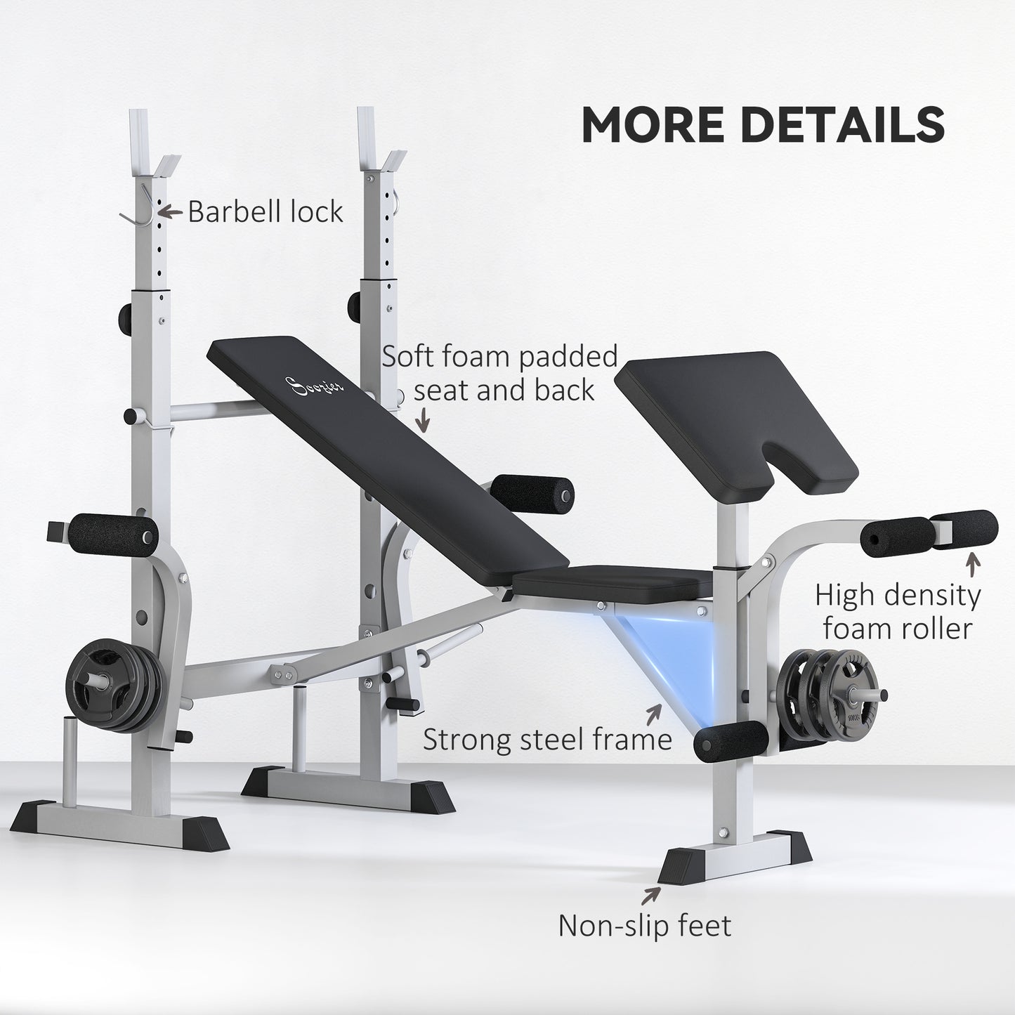 Adjustable Weight Bench with Squat Rack, Heavy Duty Bench Press Rack with Preacher Curl Pad, Leg Developer, Barbell Rack, Butterfly, Home Gym Strength Training Multiuse Workout Bench, Grey