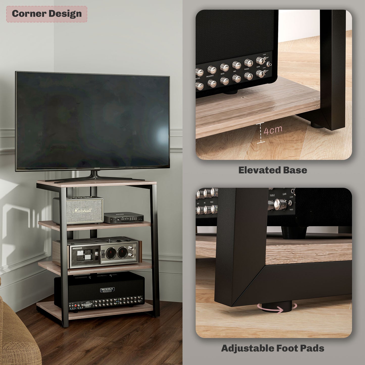 TV Stand Cabinet for 28 Inch TVs, Corner TV Unit with Open Adjustable Shelves and Extension Lead Holder, Entertainment Unit for Living Room, Grey