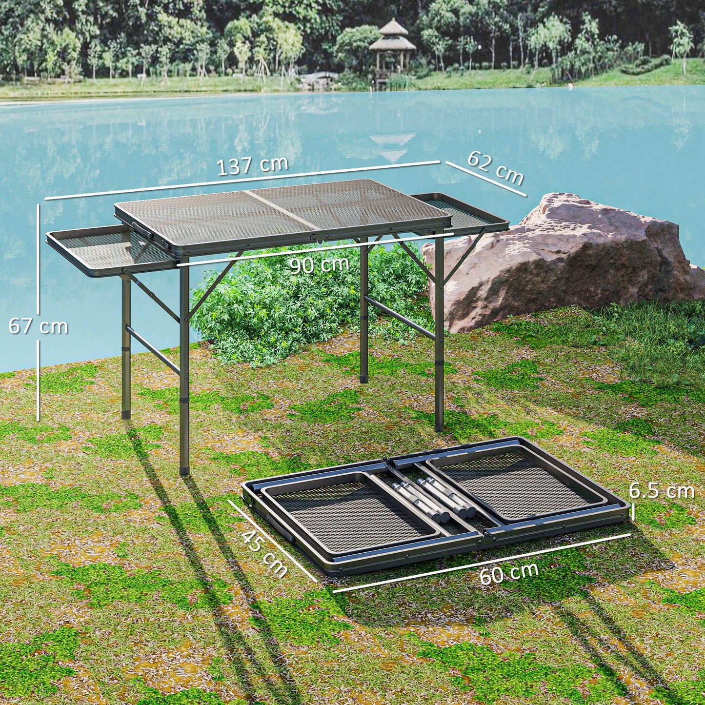 Folding Grill Table, 4.5ft Portable Camping Table with 2 Wing Panels, Height Adjustable Metal Picnic Table for Camping, Picnic and BBQ, Black