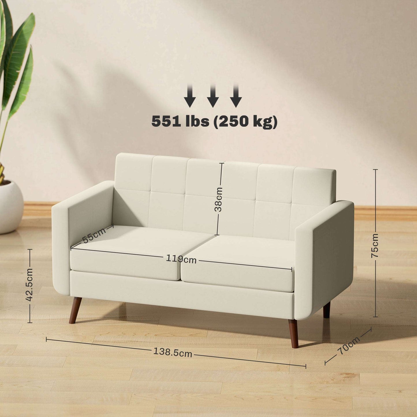 2 Seater Sofa, Modern Tufted Fabric Couch, Upholstered Loveseat, Wood Legs for Small Space, Living Room, Bedroom, Office, Cream White