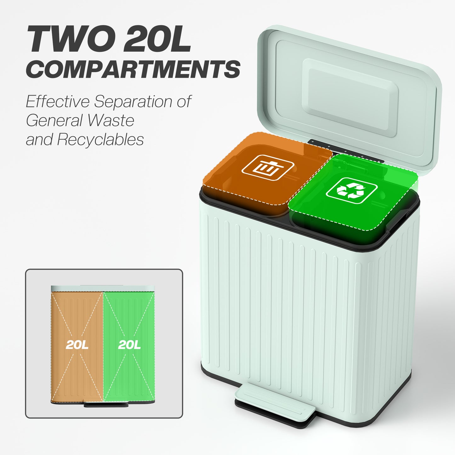 40L 2 x 20 Litre Dual Compartment Rubbish Bin, with Soft-Close Lid - Green