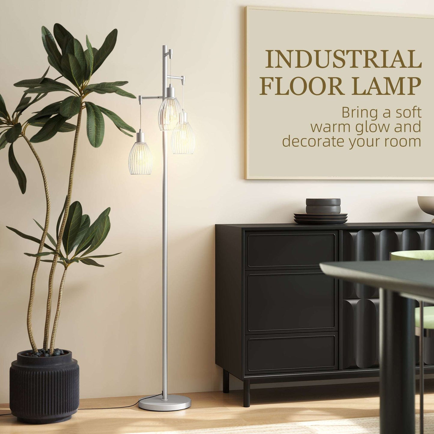 170cm Industrial 3-Light Floor Lamp, Dimmable Standing Lamp with Steel Lampshades for Living Room, Bedroom, Dinging Room, Study, Silver Tone
