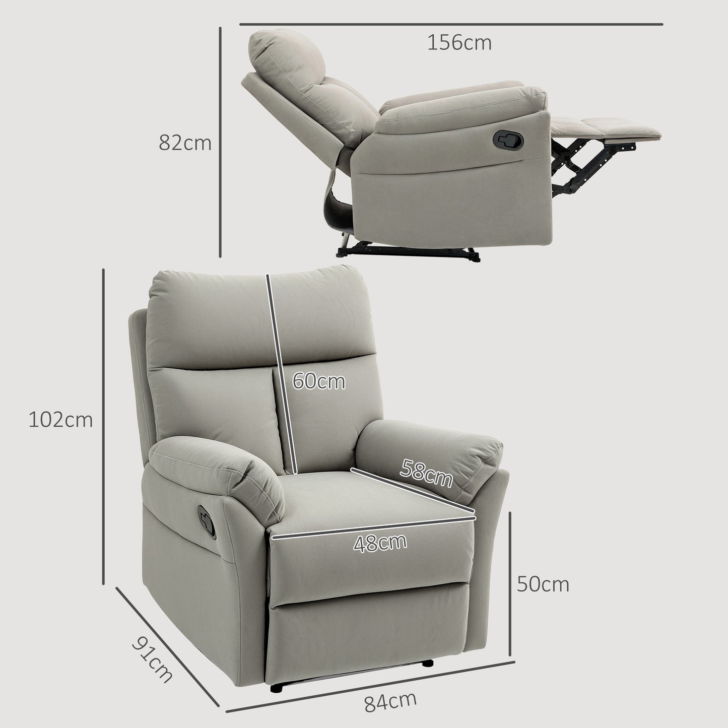 140° Manual Reclining Armchair, with Footrest - Grey