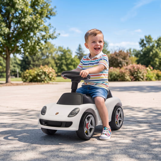 Porsche Licensed Kids Ride-On Push Car | Headlights | Horn & Start-Up Sound | Steering Wheel | PP Body | 30kg | Ages 18-36 Months | 75cm+ | 63x28.5x38cm | White / Pink / Black