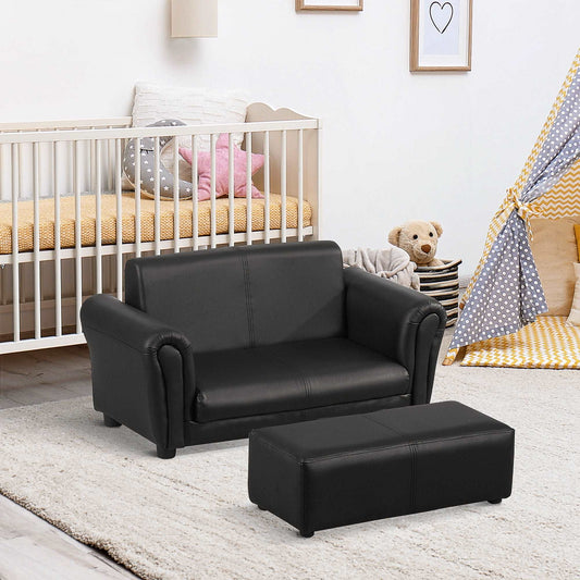 2 Seater Toddler Chair Kids Twin Sofa Childrens Double Seat Chair Furniture Armchair Boys Girls Couch w/ Footstool (Black)
