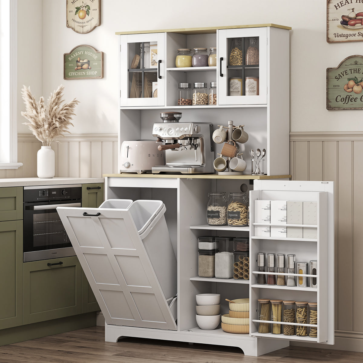175cm Tall Kitchen Cabinet | Bin Cabinet | Acrylic Doors | 3 AC Outlets | Adjustable Shelves | 141kg | 100x35x175cm | White