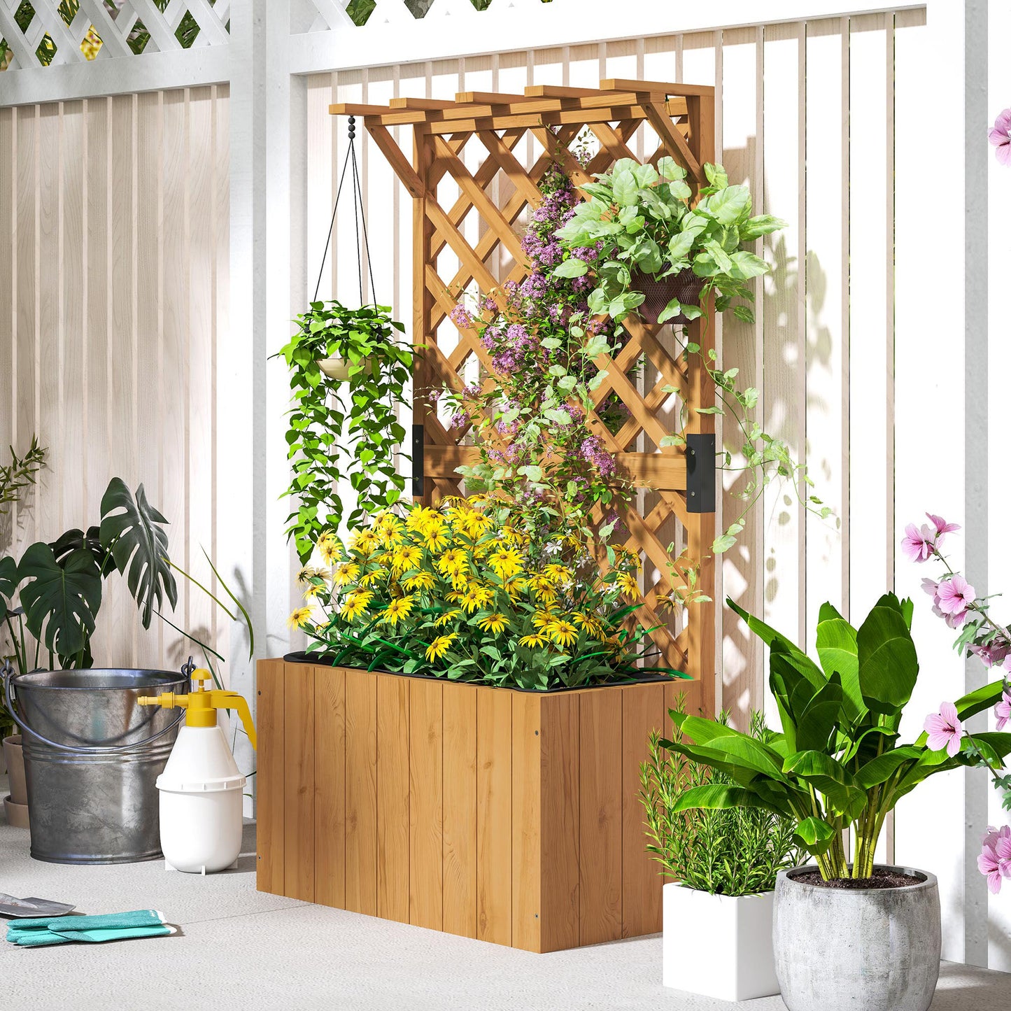 Wooden Planter with Trellis, Freestanding Raised Garden Bed with Drainage Holes, Outdoor Planter Box with Liner for Vegetables, Herbs and Flowers
