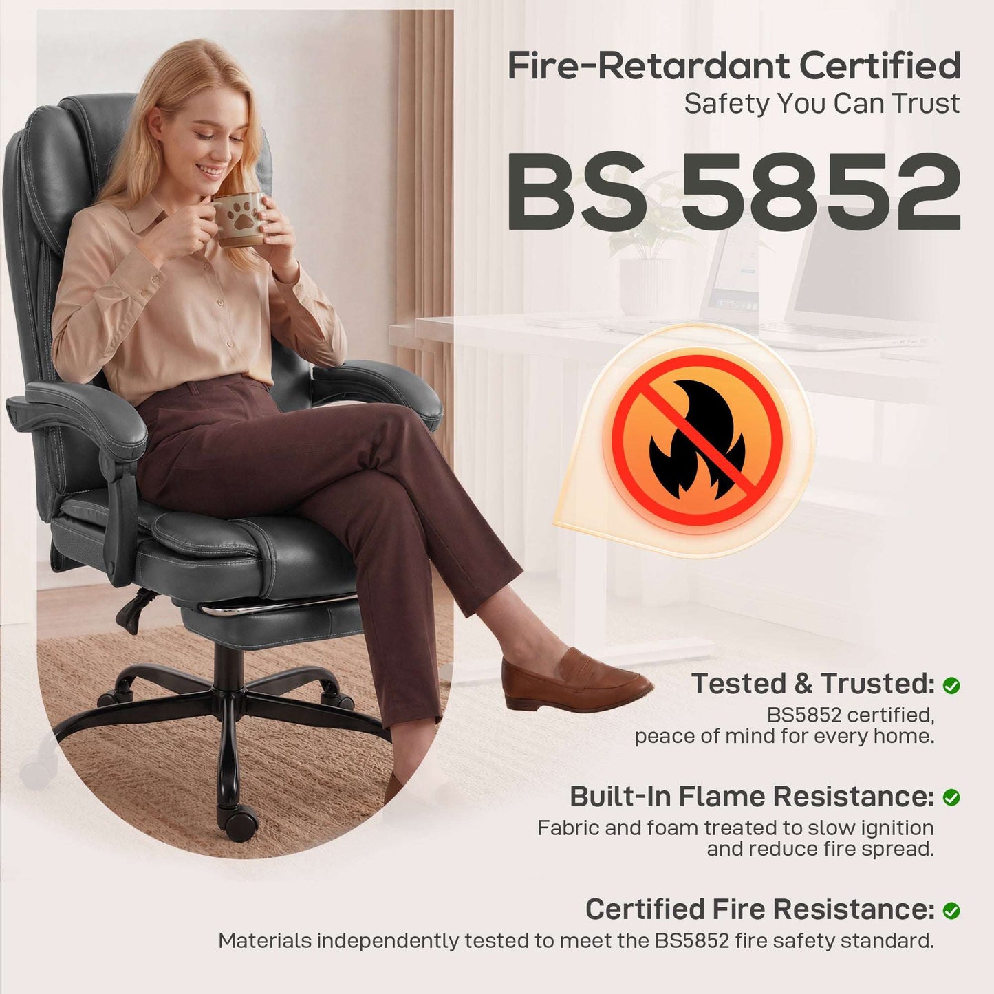 High-Back Executive Reclining Office Chair | 90-135° Recline | Linkage Armrests | Retractable Footrest | Pocket Spring & Foam Seat | PU Leather | EN1335 & BS5852 | 120kg | Grey