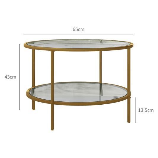 Round Coffee Table with Storage, 2-Tier Tempered Glass Coffee Table with Steel Frame for Living Room, Gold Tone