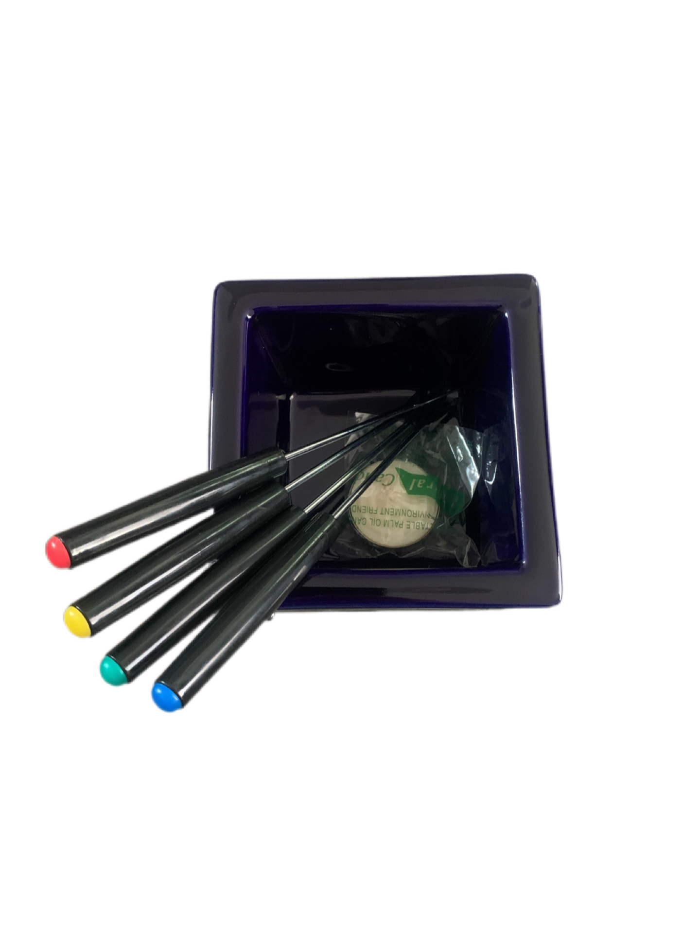 Tea Light Chocolate Fondue Set With Ceramic Bowl, Metal Stand, 4 Coloured Forks & Tealight