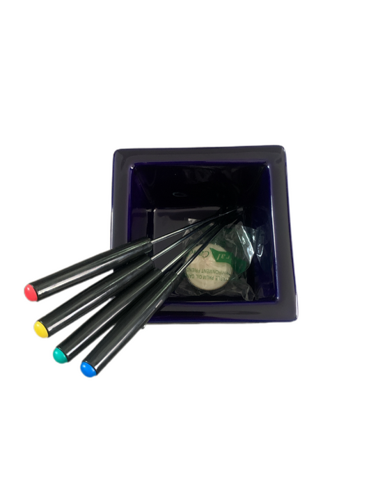 Tea Light Chocolate Fondue Set With Ceramic Bowl, Metal Stand, 4 Coloured Forks & Tealight