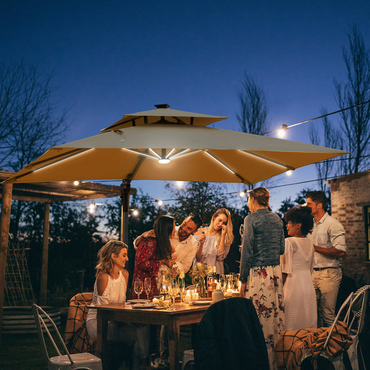 Outdoor 3m Cantilever Parasol LED Patio Umbrella Sun Shade Protector Canopy For Lawn Beach Poolside Khaki