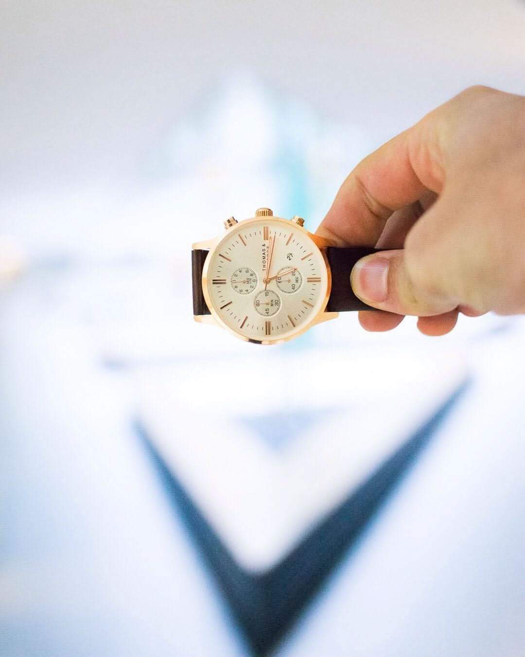 Thomas & George Ottawa 43 Quartz Chronograph Watch | 43mm Round Rose-Gold-Tone Case & Silver Dial | 20mm Brown Leather Strap