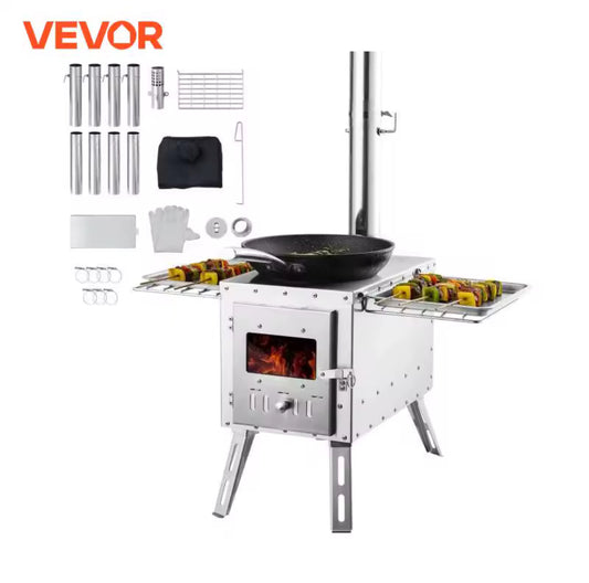 Wood Stove Stainless Steel Camping Tent Stove Portable Wood Burning Stove with Chimney Pipes & Gloves 3000in³ Firebox