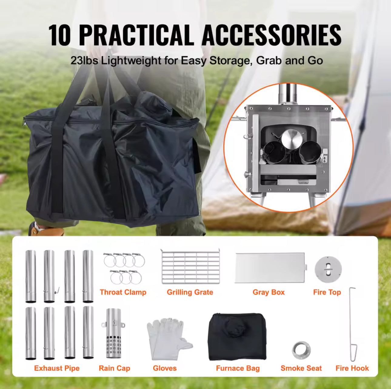 Wood Stove Stainless Steel Camping Tent Stove Portable Wood Burning Stove with Chimney Pipes & Gloves 3000in³ Firebox
