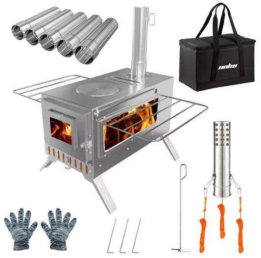 Portable Camping Tent Stove Stainless Steel Wood Burning Stove W/ 7 Chimney Pipe