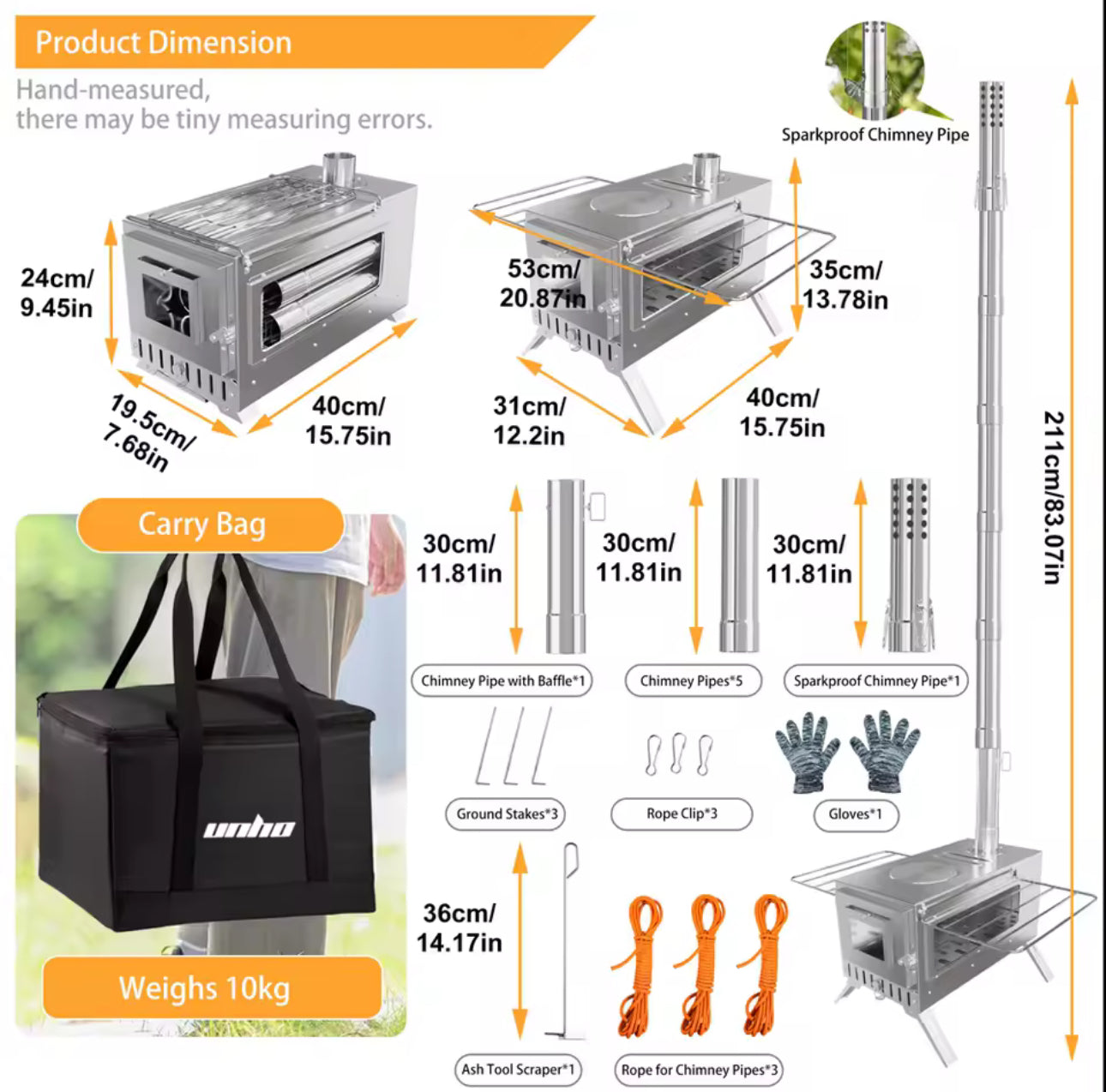 Portable Camping Tent Stove Stainless Steel Wood Burning Stove W/ 7 Chimney Pipe