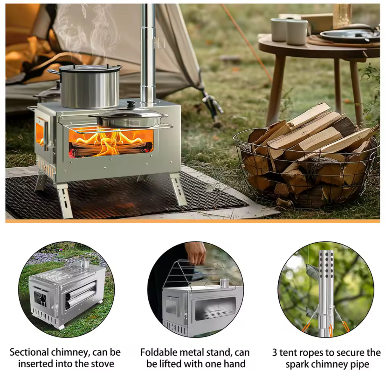 Portable Camping Tent Stove Stainless Steel Wood Burning Stove W/ 7 Chimney Pipe