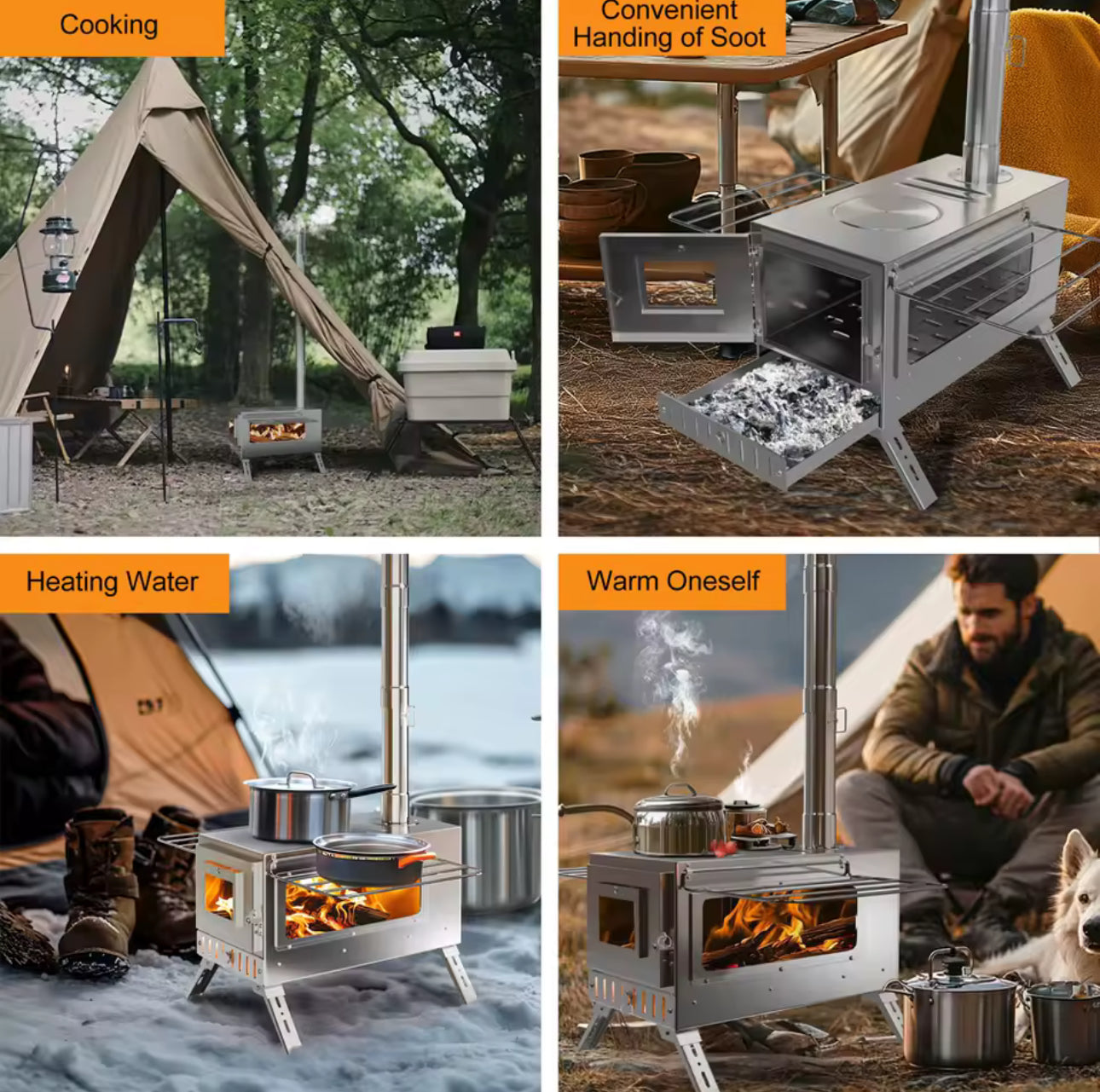 Portable Camping Tent Stove Stainless Steel Wood Burning Stove W/ 7 Chimney Pipe