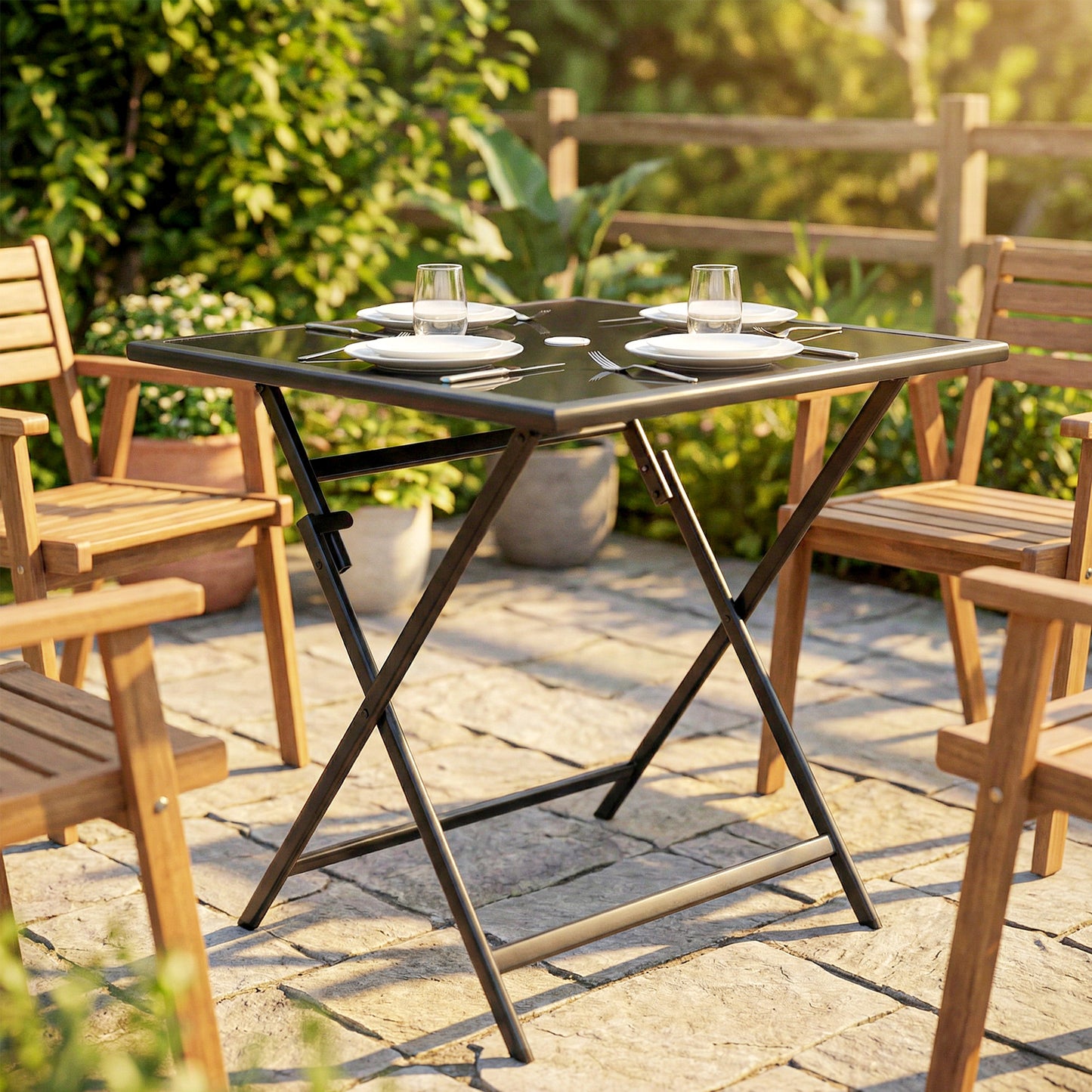 Folding Square Garden Dining Table | Tempered Glass Top | Parasol Hole | 70x70x70cm | Black