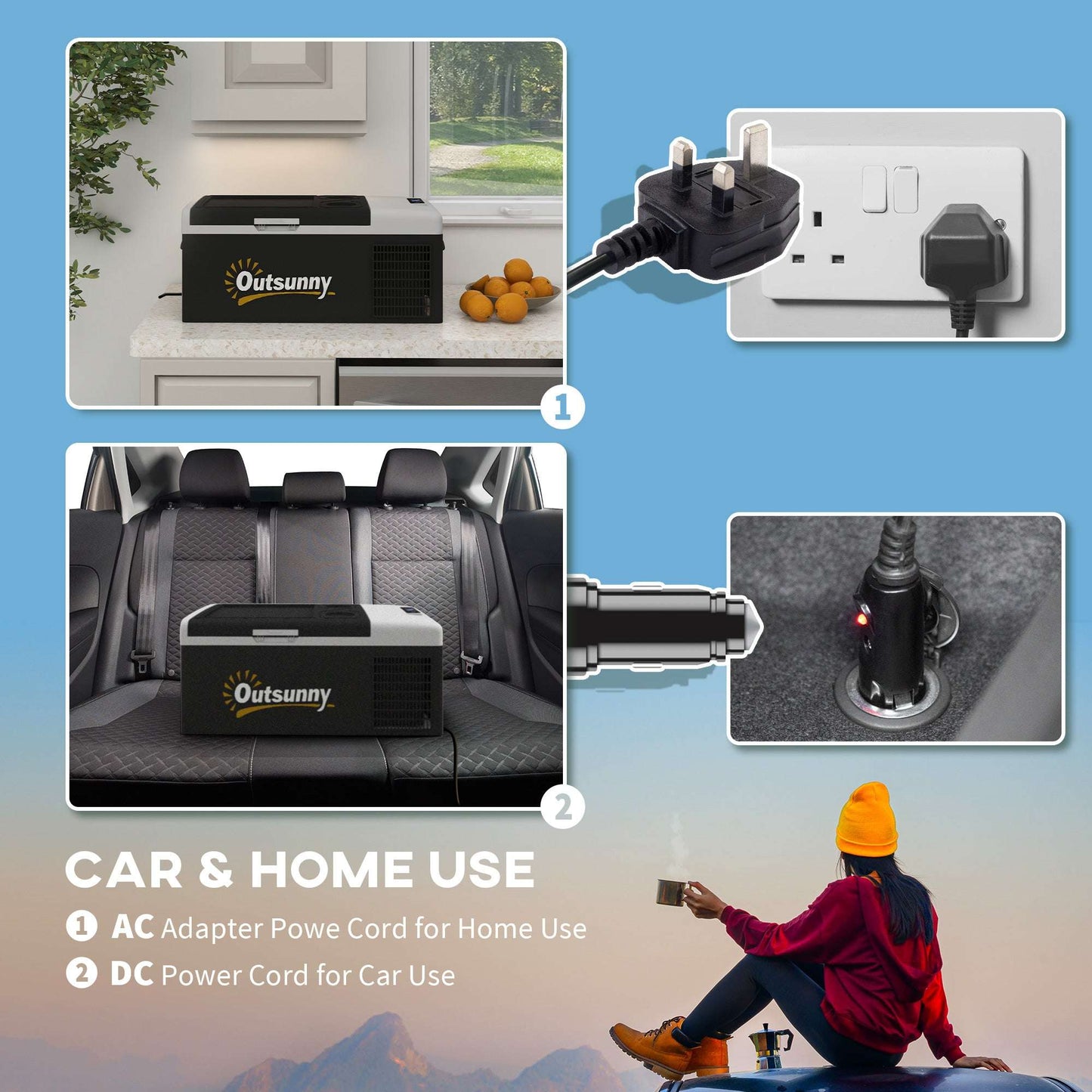 Outsunny 16L Car Fridge Freezer, Portable Car Refrigerator with 12V/24V DC and 100-240V AC, Black