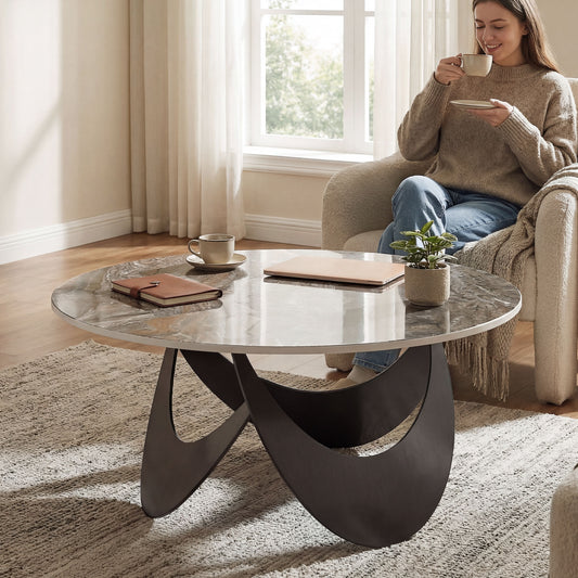 Sintered Stone Coffee Table | 80x80x40cm | Heat Resistant | Water-Glazed | Welded Metal Frame | Adjustable Feet | 40kg | Brown & Black