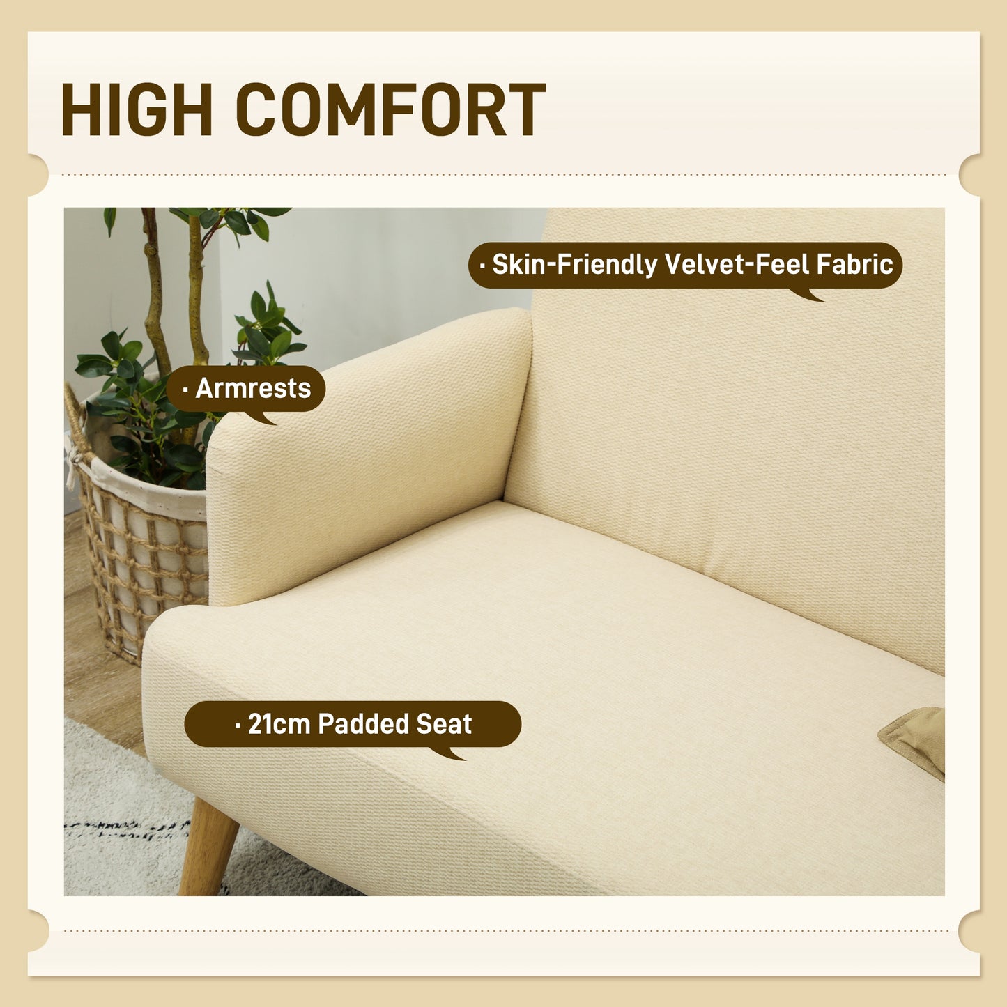 Vintage Retro Style Velvet Feel Fabric 2 Seater Sofa, Small Sofa Loveseat with 21cm Thick Padding and Wood Legs, Cream White