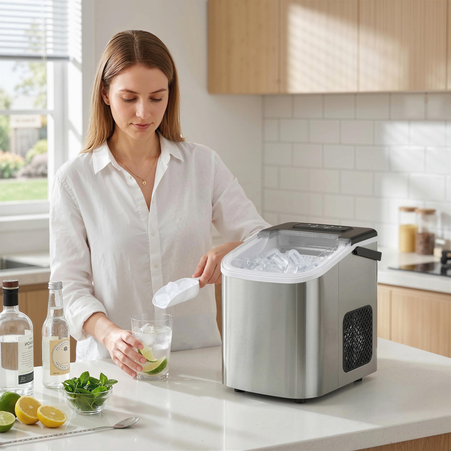 Countertop Ice Maker Machine β 9 Cubes in 7 Mins, 12kg/24hr, 2 Bullet Sizes, Self-Cleaning, Portable, Stainless Steel, For Home, Kitchen & Office