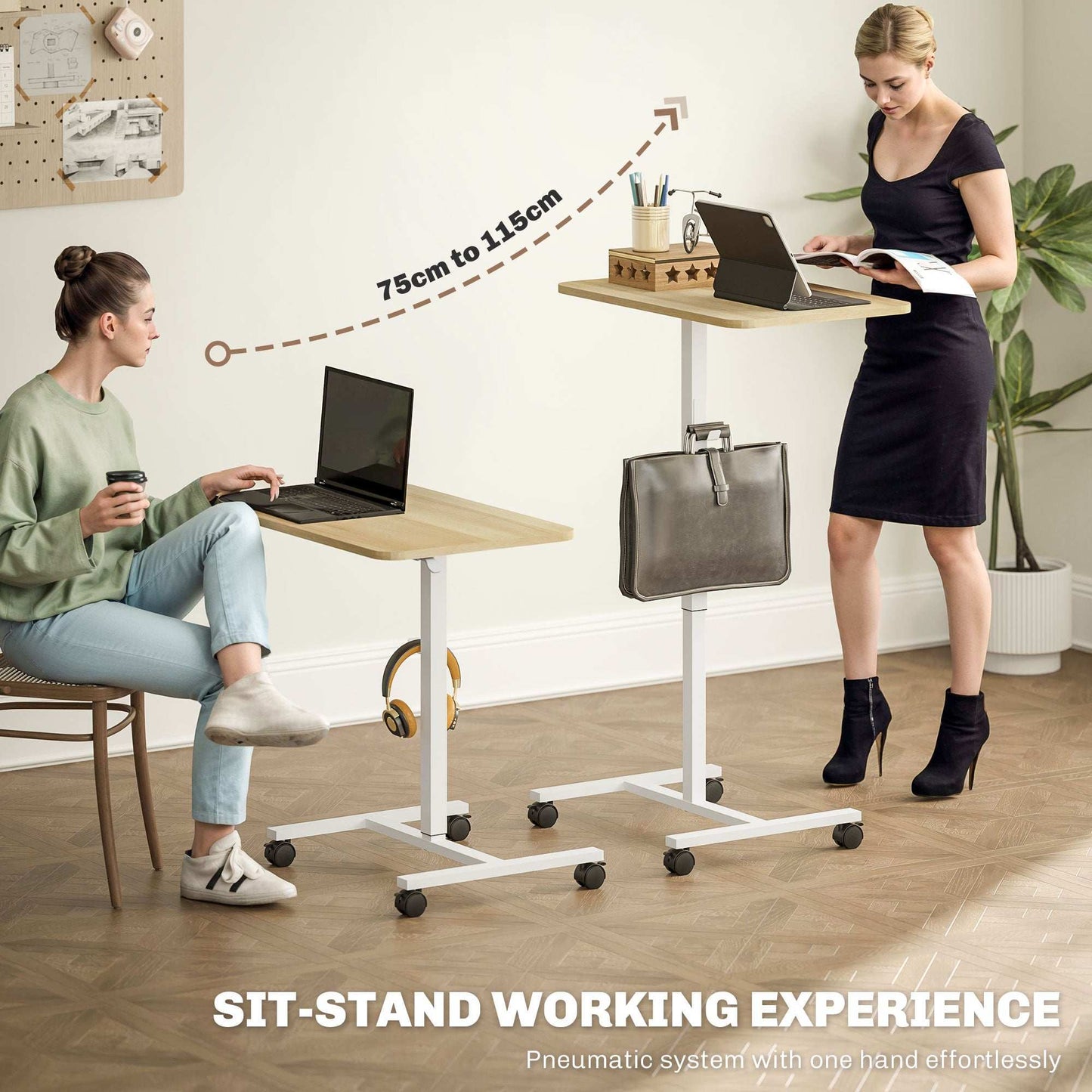 Height Adjustable Standing Desk, Pneumatic Sit Stand Desk for Laptop, Mobile Overbed Table W/ Wheels And Headphone Hook for Home Office
